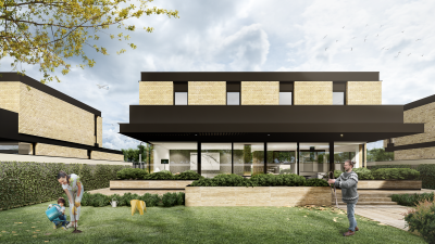 Poza exterioara laterala a vilei cu etaj impreuna cu gradina