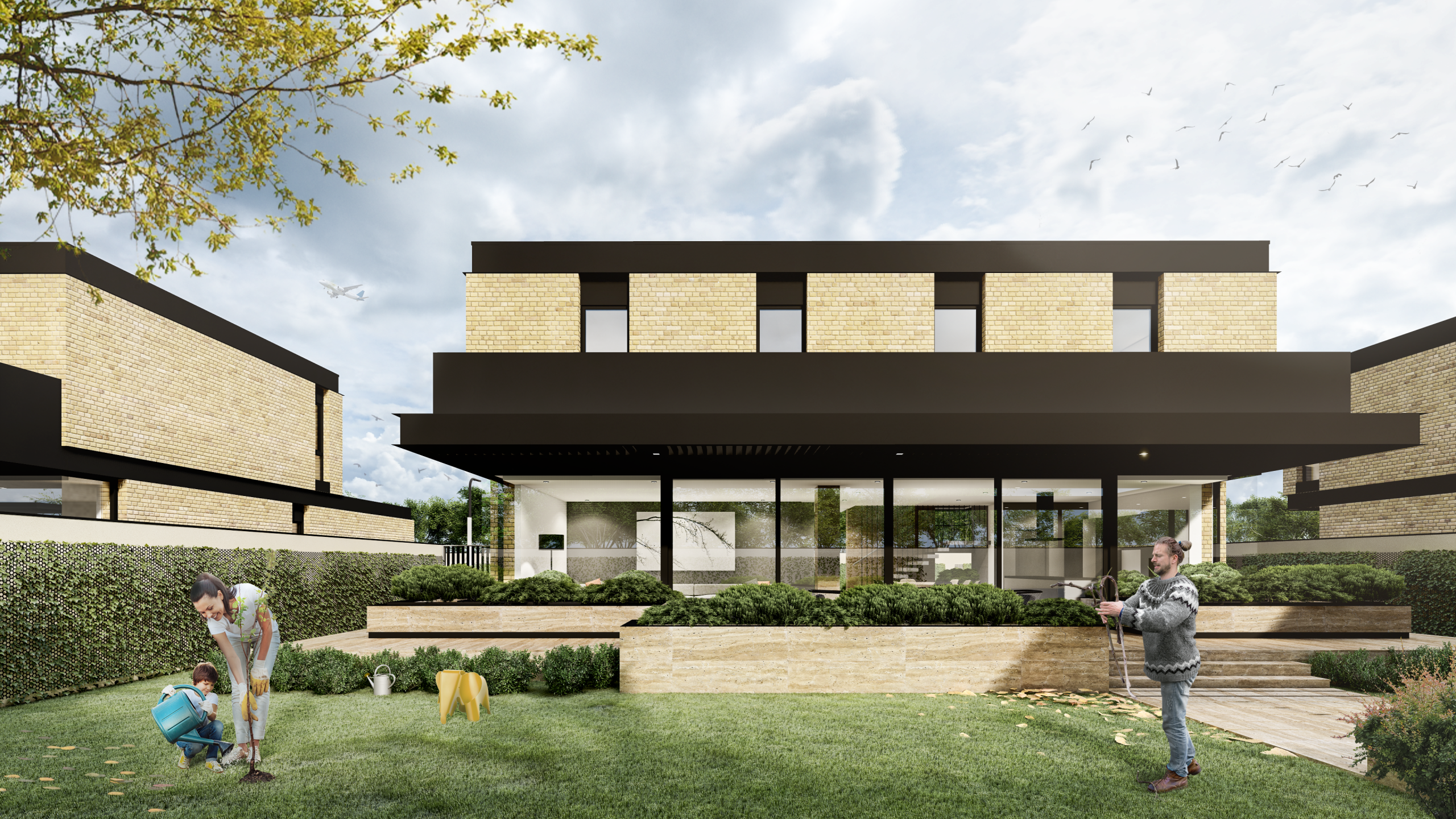 Poza exterioara laterala a vilei cu etaj impreuna cu gradina